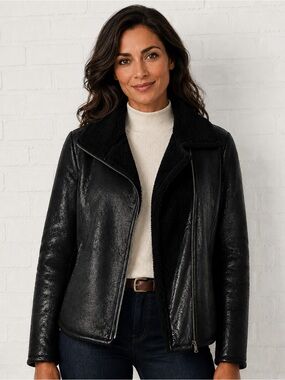 Lauren Ralph Lauren Black Faux Shearling Moto Jacket XS